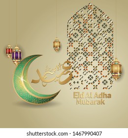 Eid al adha calligraphy islamic greeting with luxurious crescent moon, traditional lantern and mosque texture of ornamental colorful of mosaic. vector illustration