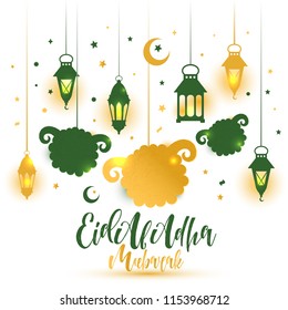 Eid Al Adha Calligraphy Text with sheep illustration for eid Mubarak Celebration Background.