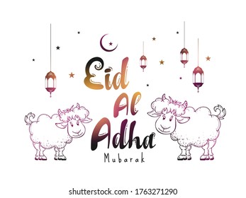 Eid Al Adha Calligraphy Text with goat illustration for eid Mubarak Celebration Background. Vector Illustration eps.10