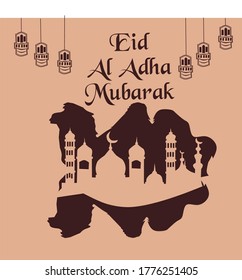 Eid Al Adha Kalligraphie Text mit Kamel und Moschee Illustration für eid Mubarak Feierlichkeiten Hintergrund.