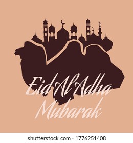 Eid Al Adha Calligraphy Text with camel and mosque illustration for eid Mubarak Celebration Background.