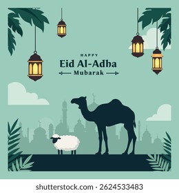 "Silhueta de Camelo Eid Al Adha com Lanternas e Mesquita - Projeto de Celebração Islâmica"