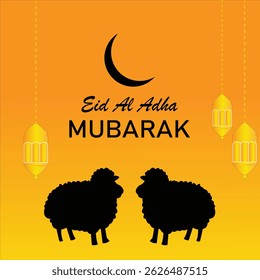 Eid Al Adha Card with Two Sheep Silhouettes and Crescent Moon