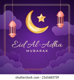Eid al Adha cards design in 3d modern vector style. Eid Mubarak Islamic holiday banner with Ramadan lantern and moon. Ramadan muslim decoration and purple color background.