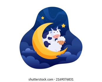 Eid Al Adha Cartoon Illustration With Cute Sheep And Cow In Crescent Moon At Night.
Suitable for Greeting card, postcard, poster, banner, print, web, landing page, book, flyer, etc