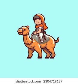 Eid Al Adha Cartoon Illustration, Playful Child Riding a Camel in Flat Vector Style for Muslim Design