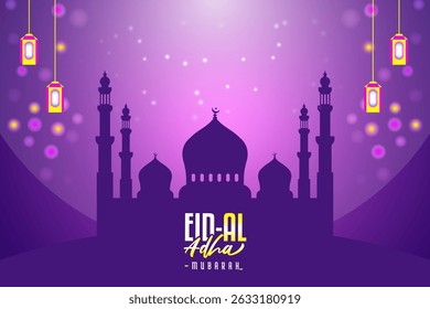 Eid al Adha celebration background, banner, poster in purple hues featuring a silhouette mosque, hanging lanterns, moon, and decorative. Purple abstract festival banner with night scene and decoration