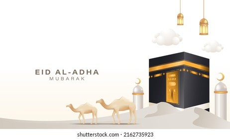 Eid al adha celebration banner concept with Kaaba and scene of mid east