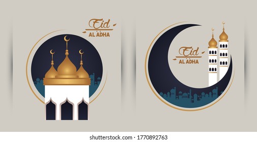 eid al adha celebration card with moon and mosque cupule vector illustration design