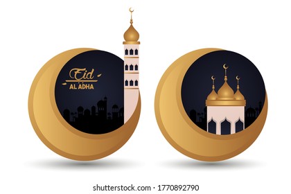 eid al adha celebration card with moons and mosque cupules vector illustration design