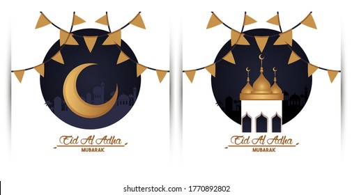 eid al adha celebration card with moon and mosque cupule vector illustration design