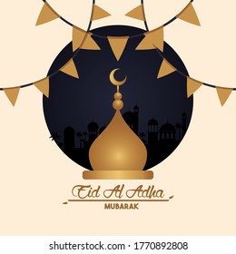 eid al adha celebration card with mosque cupule vector illustration design