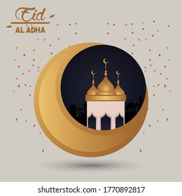 eid al adha celebration card with moon and mosque cupule vector illustration design