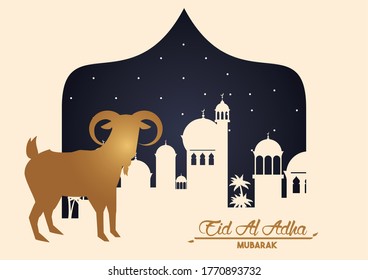 eid al adha celebration card with golden goat and cityscape vector illustration design