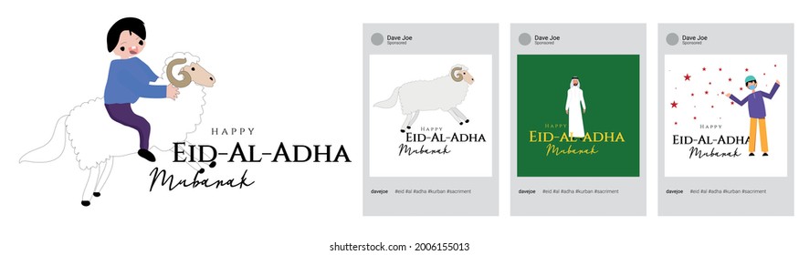 Eid al Adha celebration card with a sheep and a kid riding a lamb. Social Media post template.