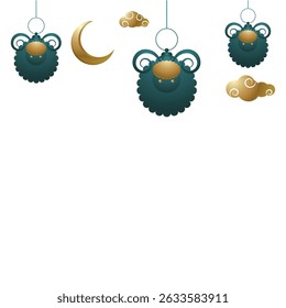 eid al adha celebration with crescent moon lanterns vector illustration.