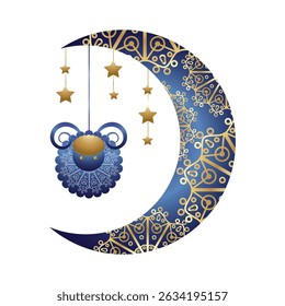 eid al adha celebration with crescent moon lanterns vector illustration.