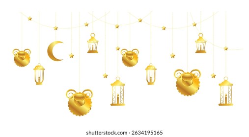 eid al adha celebration with crescent moon lanterns vector illustration.