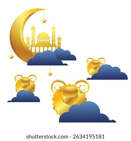 eid al adha celebration with crescent moon lanterns vector illustration.