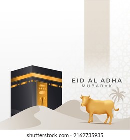 Eid al adha celebration day banner with Kaaba and golden cow scene of mid east