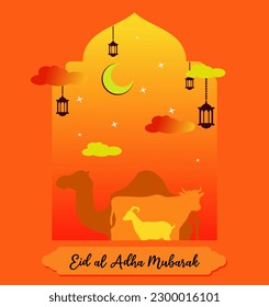 Eid Al Adha celebration. Greeting card with camel, cow, and goat or sheep for sacrifice inside frame on orange background. Eid Mubarak theme. Vector illustration.