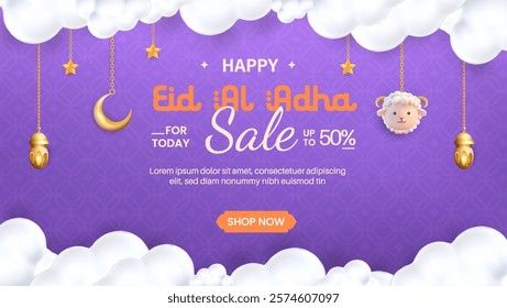 Eid al Adha celebration with a hanging sheep head, Arabic lantern, and a golden crescent moon with stars in 3D illustration.