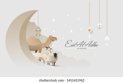 Eid Al Adha Celebration of Muslim holiday the sacrifice a camel, sheep and goat, can use for, landing page, template, ui, web, mobile app, poster, banner, flyer, background