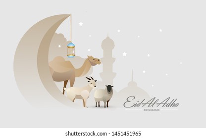 Eid Al Adha Celebration of Muslim holiday the sacrifice a camel, sheep and goat, can use for, landing page, template, ui, web, mobile app, poster, banner, flyer, background