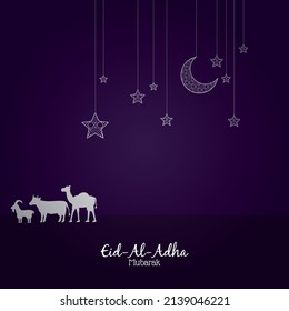 Eid Al Adha Celebration of Muslim holiday with cow, camel and goat template design