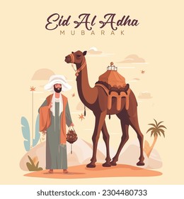 Eid Al Adha Celebration of Muslim holiday the sacrifice a camel, sheep and goat, Vector Illustration.