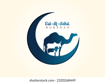 Eid Al Adha Celebration of Muslim holiday Background. The sacrifice a camel, cow, sheep and goat Eid-al-adha concept Islamic vector illustration.