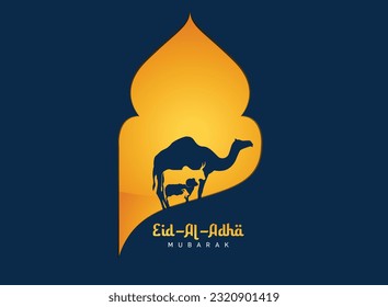 Eid Al Adha Celebration of Muslim holiday Background. The sacrifice a camel, cow, sheep and goat Eid-al-adha concept Islamic vector illustration.