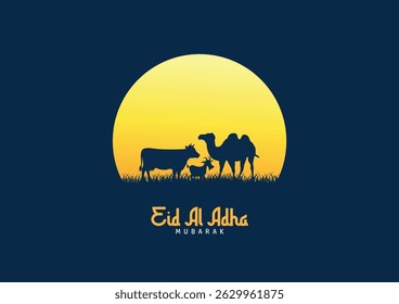 Eid Al Adha Celebration of Muslim holiday Background. The sacrifice a camel, cow, sheep and goat Eid-al-adha concept Islamic vector illustration