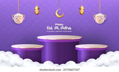 Eid al Adha celebration with a podium, hanging sheep head, Arabic lantern, and a golden crescent moon with stars in 3D illustration. Suitable for banner, greeting card, flyer, showchasing product