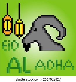 Eid al Adha celebration with sacrificial lamb head and lantern in pixel art on green background. Vector illustration.

