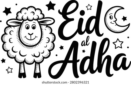 Eid al Adha celebration text with sheep, smiling moon, and stars. Hand drawn sketch illustration for Islamic holiday occasion.