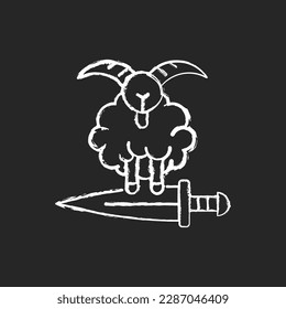 Eid al Adha chalk white icon on black background. Islamic holidays celebrated worldwide each year. Honouring willingness of ibrahim to sacrifice son ismael. Isolated vector chalkboard illustration