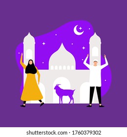 Eid Al Adha with character young people and sheep