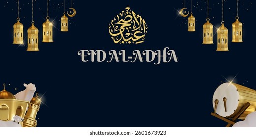 Eid Al adha concept background greeting card Illustration. Adha Mubarak arabic islamic festival design background template with lantern and calligraphy.