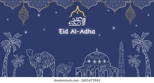 Eid Al adha concept background greeting card Illustration. Adha Mubarak arabic islamic festival design background template with line art and calligraphy.
