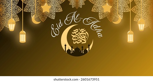 Eid Al adha concept background greeting card Illustration. Adha Mubarak arabic islamic festival design background template with lantern, mandala and calligraphy.
