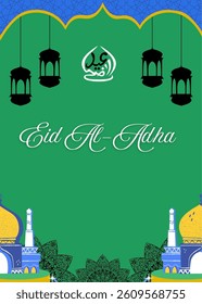 Eid Al adha concept background greeting card Illustration. Adha Mubarak arabic islamic festival design background template with mosque and calligraphy.