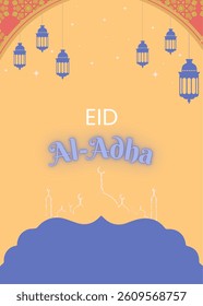 Eid Al adha concept background greeting card Illustration. Adha Mubarak arabic islamic festival design background template with mosque and lantern.