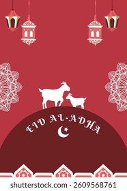 Eid Al adha concept background greeting card Illustration. Adha Mubarak arabic islamic festival design background template with goat and lantern.