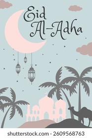 Eid Al adha concept background greeting card Illustration. Adha Mubarak arabic islamic festival design background template with mosque and lantern.