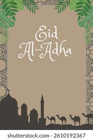 Eid Al adha concept background greeting card Illustration. Adha Mubarak arabic islamic festival design background template with mosque, camel and islamic pattern