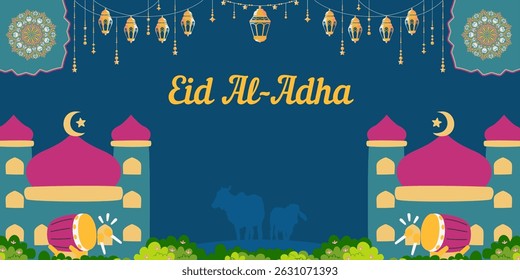 Eid Al adha concept background greeting card Illustration. Adha Mubarak arabic islamic festival design blue background template. Lantern, mosque and drum.