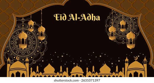 Eid Al adha concept background greeting card Illustration. Adha Mubarak arabic islamic festival design background template. Lantern, mandala and mosque.