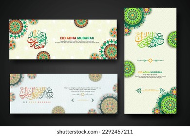 Eid al adha concept banner with arabic calligraphy and 3d paper flowers on Islamic geometric pattern background. Vector illustration.