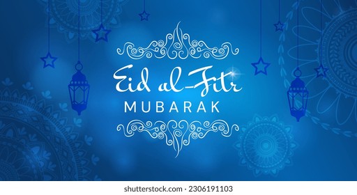 Eid al Adha concept. Blue poster or banner with traditional and oriental patterns and lamp silhouette. Islam and religion, culture. Holy and traditional festival. Flat vector illustration
